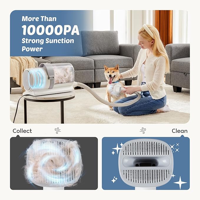 DUMOS 5-in-1 Cordless Pet Grooming Vacuum Kit - Ultra-Quiet Clippers, 2.5L XL Dust Cup, 3 Suction Modes & 5 Pro Tools for Dogs/Cats | Tangle-Free Grooming, All-in-One Cleaning (White)