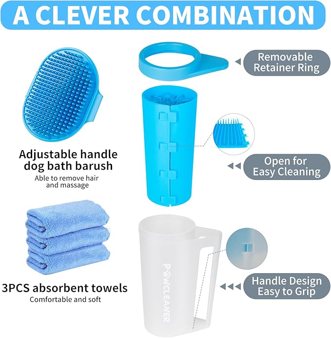 Buddy Muddy Pet Foot Cleaner with Handle, Adjustable Brush, and 3 Absorbent Towels (Blue, Large)