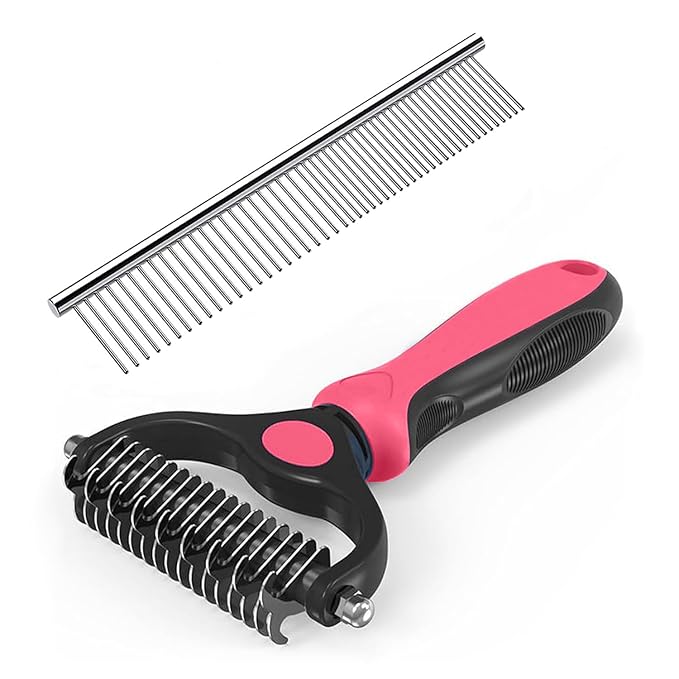 YINGFAN Pet Grooming Combo, Double-Sided Dematting Deshedding Undercoat Rake for Dogs and Cats, Dematting Comb for Dogs (Pink)