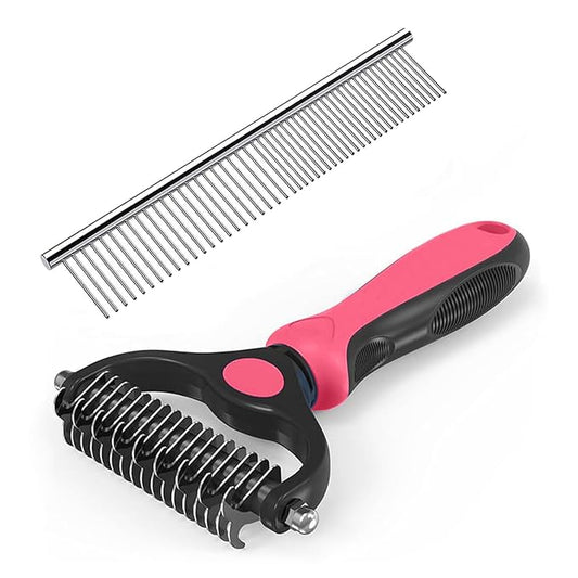 YINGFAN Pet Grooming Combo, Double-Sided Dematting Deshedding Undercoat Rake for Dogs and Cats, Dematting Comb for Dogs (Pink)