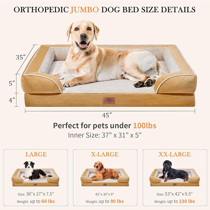 Jumbo Dog Bed Orthopedic Foam, Waterproof Dog Bed for Jumbo Breed Dogs, PV Washable Dog Sofa Bed with Removable Cover & Non-Slip Bottom(Jumbo,Khaki)