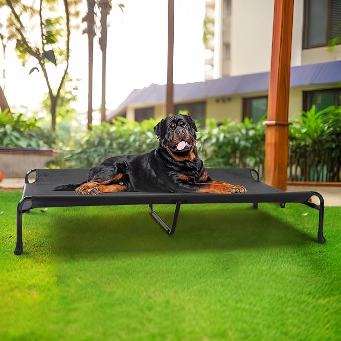 Veehoo Cooling Elevated Dog Bed, Raised Dog Beds for Large Dogs, Outdoor Dog Bed with Guardrail, Upgraded Non-Slip Feet, Breathable Teslin Mesh, Portable Camping Dog Cot, 47 x 29 Inches, Black
