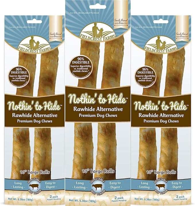 Fieldcrest Farms Nothing to Hide Natural Rawhide Alternative Large 10'' Rolls for Dogs - 3 Pack (6 Chews) Premium Grade Easily Digestible Chews - Great for Dental Health (Beef)