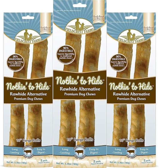 Fieldcrest Farms Nothing to Hide Natural Rawhide Alternative Large 10'' Rolls for Dogs - 3 Pack (6 Chews) Premium Grade Easily Digestible Chews - Great for Dental Health (Beef)
