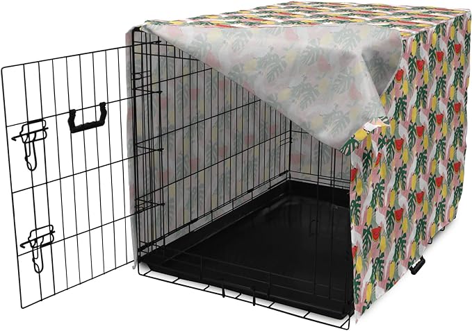 Ambesonne Summer Dog Crate Cover, Cockatoo Parrot in Exotic Forest Watermelon Slices Monstera Lemons Pattern, Easy to Use Pet Kennel Cover for Medium Large Dogs, 36 Inch, Rose and Multicolor