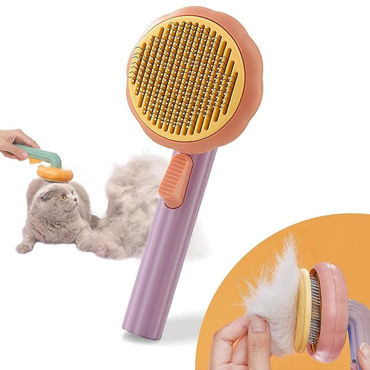 Pumpkin Cat Brush, Self Cleaning Cat Brush with Release Button, Cat Hair Brush for Shedding, Pet Grooming Brush for Short and Long Haired Cats Dogs (Purple)
