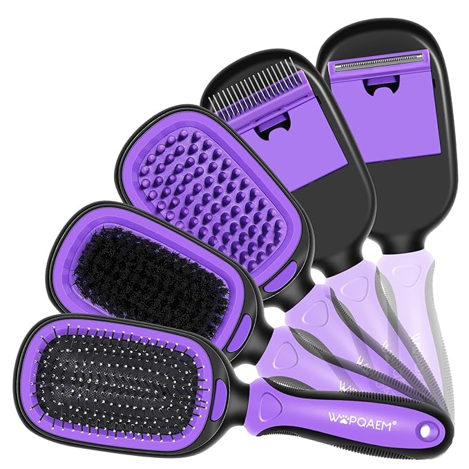 Dog Grooming Brush Kit 5-in-1 with Interchangeable Heads – Ideal for Medium & Large Dogs and Cats with Medium to Long Hair – Reduces Shedding, Removes Tangles, and Controls Loose Fur. Purple
