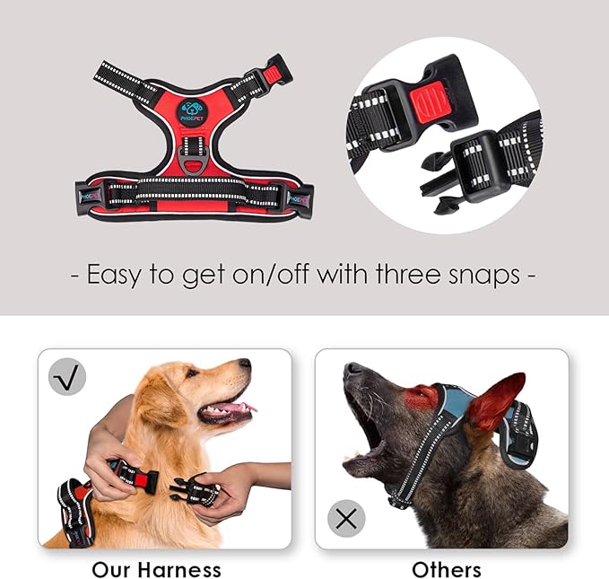 PHOEPET Reflective Dog Harness Large Breed Adjustable No Pull Vest with Handle 2 Metal Rings 3 Buckles [Easy to Put on & Take Off](XL, Red)