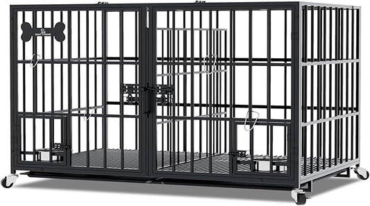 Dosker 54 inch XL Dog Crate for Large Dog/Double Medium Dogs,Heavy Duty Metal Dog Cages,All Metal Open Top Stackable,Dog Kennel Indoor with Wheels,Floor Grid, Tray, Divider and Feeding Bowl