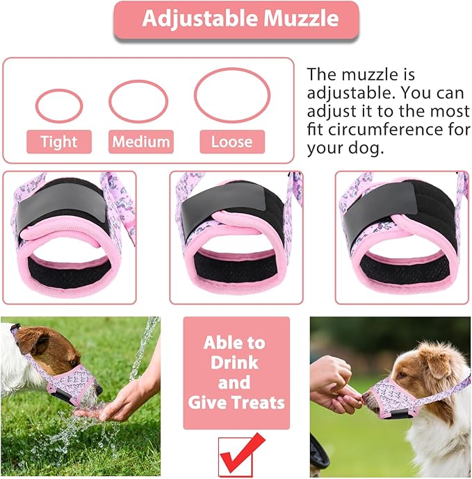 LUCKYPAW Dog Muzzle, Soft Dog Muzzles for Small Medium Large Dogs, Breathable Muzzles to Stop Biting and Chewing with Pattern, Allows Panting and Drinking (S-(Snout 4¾"-6"), Pink Unicone)