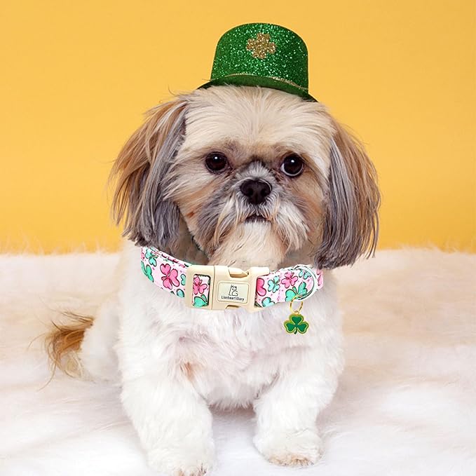 Lionheart glory St. Patrick's Day Dog Collar, Clover Collars Pink Dog Collar for Small Dogs Spring Female Dog Collar Adjustable Heavy-Duty Dog Collar Pet Gift Plastic Buckle