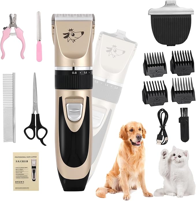 Aovdy Dog Clippers Grooming Kit Dog Shaver Clippers Hair and Paw Electric Cleaning Hair Clippers Set for Dogs Cats Rabbit (Gold, Scissor Set+Foot Shaving Blade)
