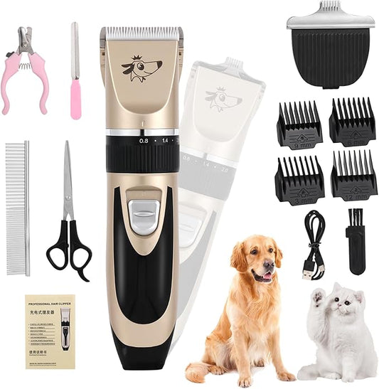 Aovdy Dog Clippers Grooming Kit Dog Shaver Clippers Hair and Paw Electric Cleaning Hair Clippers Set for Dogs Cats Rabbit (Gold, Scissor Set+Foot Shaving Blade)