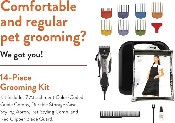 Wahl Pro Animal Deluxe U-Clip - Dog & Cat Trimmer with 3 Cutting Lengths & 7 Attachment Combs - Premium Grooming Tools for Light & Medium Coats - Black & Chrome