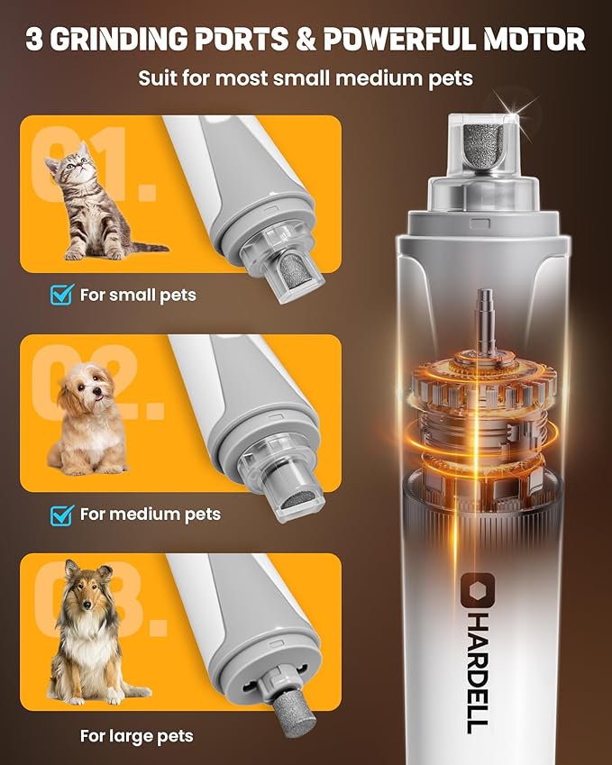 HARDELL Dog Nail Grinder, Super Quiet Dog Nail Trimmers with 2 LED Lights & 3 Grinding Ports, Safety Pet Nail Grinder for Small Dogs/Cats & Puppy
