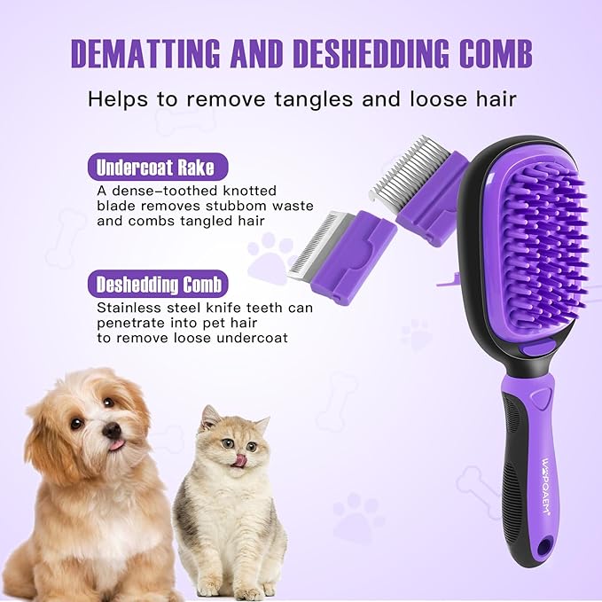 Dog Grooming Brush Kit 5-in-1 with Interchangeable Heads – Ideal for Medium & Large Dogs and Cats with Medium to Long Hair – Reduces Shedding, Removes Tangles, and Controls Loose Fur. Purple