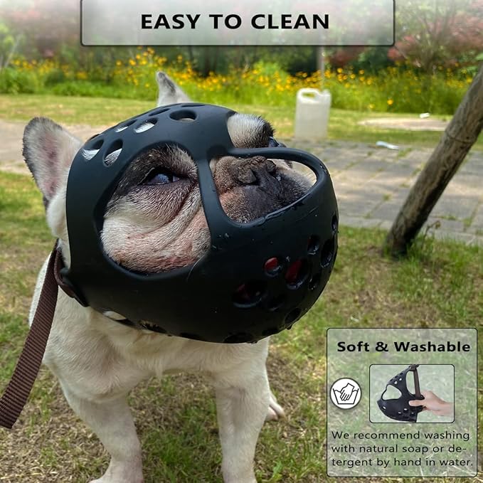 BARKLESS Dog Muzzle for Short Snout Dogs, Soft Silicone Muzzle for Biting, Chewing, Licking for French Bulldog Shih Tzu, Ideal for Flat-Faced Aggressive Dogs Grooming Walking, Allows Drinking