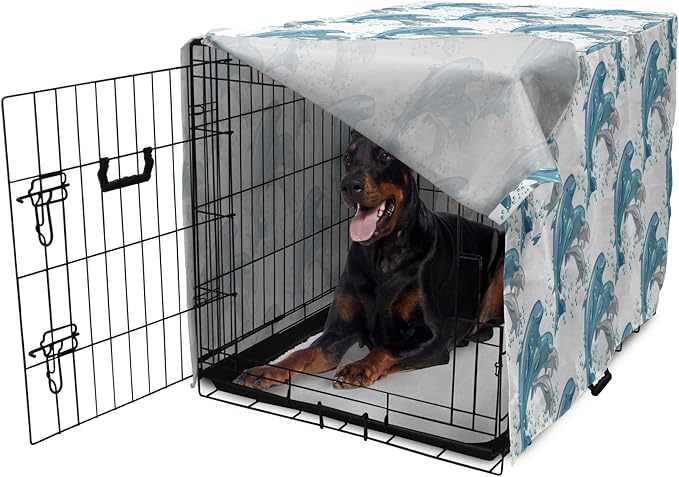 Lunarable Dolphin Dog Crate Cover, Happy Dolphins Jumping and Swimming in Deep Water Grey and Blue Mammals, Easy to Use Pet Kennel Cover for Medium Large Dogs, 42 Inch, Blue Grey Slate Blue