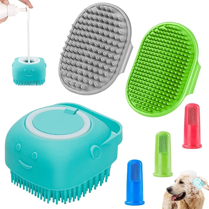 Comotech 3PCS Dog Bath Brush | Dog Shampoo Brush | Dog Scrubber for Bath | Dog Bath Brush Scrubber | Dog Shower/Washing Brush with Adjustable Ring Handle for Short&Long Haired Dogs (Blue Green Gray)