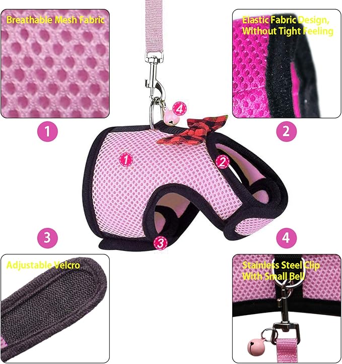 Rypet Small Animal Harness and Leash - Soft Mesh Small Pet Harness with Safe Bell, No Pull Comfort Padded Vest for Small Pet Pink M