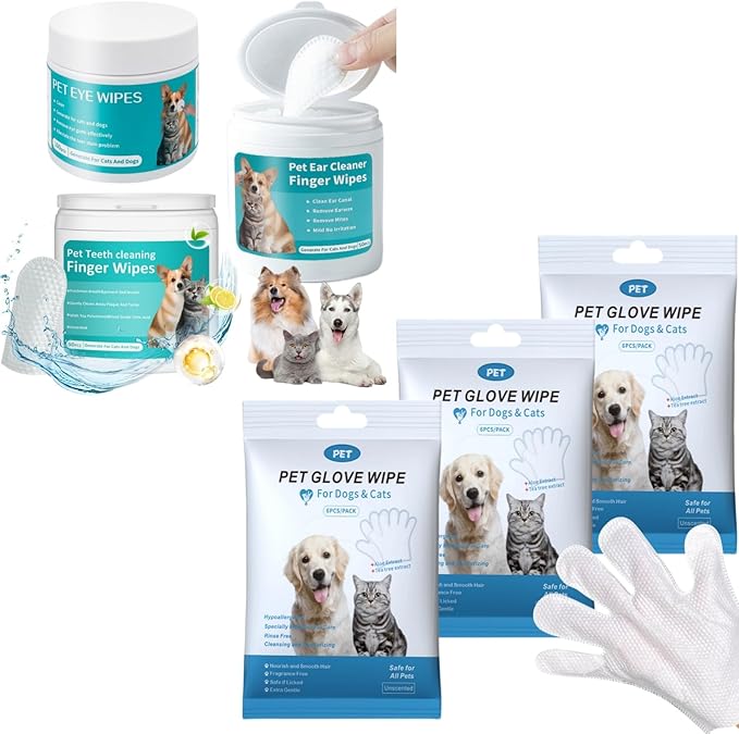 Pet Cleaning Wipes Kit For Dogs&Cats Daily Care and Traveling,includes 18 PCS Extra Thick Pet Bathing Glove Wipes,Ear/Teeth Finger Wipes and Eyes Wipes,Cleaning Deodorizing Nourish Fur,Remove Plaque&T