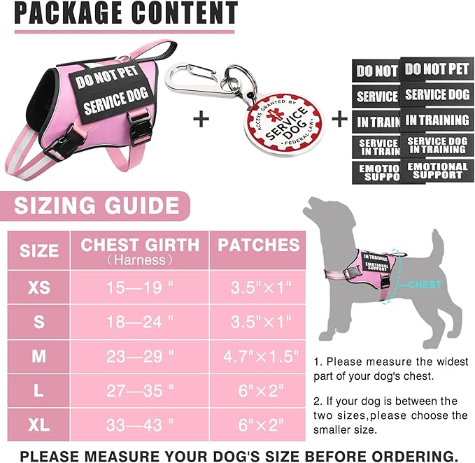 Service Dog Vest Harness+ID Tag+10 Patches,Metal Serivce Dog Tag&Reflective Emotional Support Dog Vest with Handle for Medium Dogs,Easy Put On/Off for Training/Walking/Everyday Pink M