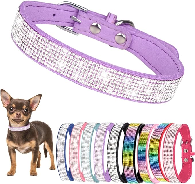 Small Dog Collars for Female Dogs, Rhinestone Dog Collar with Diamond Crystal Glitter Bling Female Cat Collars for Puppy XXS XS Small Dogs and Kitten, Purple, S