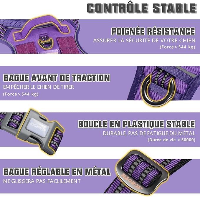 AUROTH Tactical Dog Harness for Large Dogs No Pull Adjustable Pet Harness Reflective K9 Working Training Easy Control Pet Vest Military Service Dog Harnesses Purple M