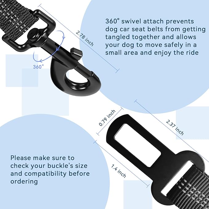 Dog Seat Belt for car, 3 Piece Set Retractable Dog Car Harness 2 Pack Adjustable Seatbelt for Dog in car, Nylon Pet Safety Seat Belts Tether Heavy Duty and Reflective Dog car Leash, Black