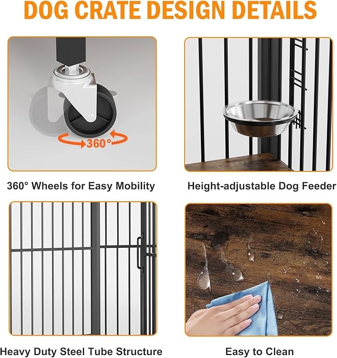 32 Inch Dog Crate Furniture, Dog Crate with Adjustable Height Feeder, Designed for Small Dogs, Featuring 360-Degree Swivel Wheels for Easy Movement, Rustic Brown Finish