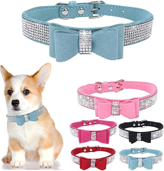 Light Blue XS Dog Collar with Bowtie, Rhinestone Dog Collar Crystal Jeweled Pretty Girl Bows Cat Collars Sparkling Glitter for XXS XS Small Dogs,X-Small