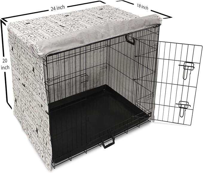 Lunarable Cartoon Dog Crate Cover, Funny Creatures and Monsters Doodle Faces in Manga Style Emotions, Easy to Use Pet Kennel Cover for Cats & Medium Dogs, 24 Inch, Charcoal Grey Coral White