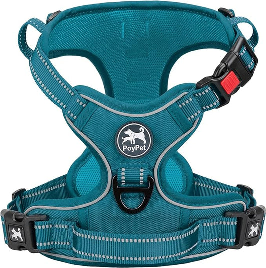 PoyPet No Pull Dog Harness, No Choke Reflective Dog Vest, Adjustable Pet Harnesses with 2 Leash Attachments with Easy Control Padded Handle for Small Medium Large Dogs(Tumalo Teal,XL)