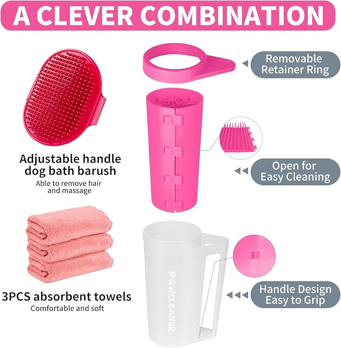 Paw Cleaner with Handle, Absorbent Towels & Adjustable Brush for Dogs (Large, Red) - Buddy Muddy Pet Foot Washer