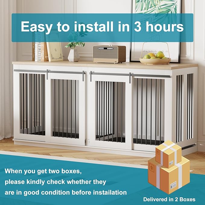 Large Dog Crate Furniture, 71" Wooden Dog Kennel for 2 Dogs, Heavy Duty Furniture Style Dog House with Divider & 2 Trays,Decorative Dog Crate Table Indoor Tv Stand