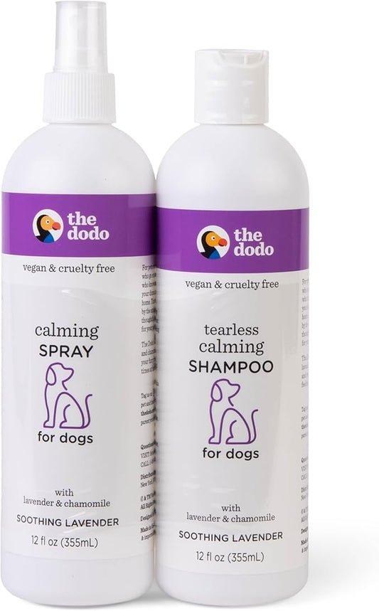 The Dodo Calming Shampoo & Spray for Dogs Twin Pack; 12oz Calming Dog Shampoo + 12oz Calming Dog Spray with Lavender and Chamomile; Vegan, Cruelty-Free, No DEA, MEA, SLS or Parabens