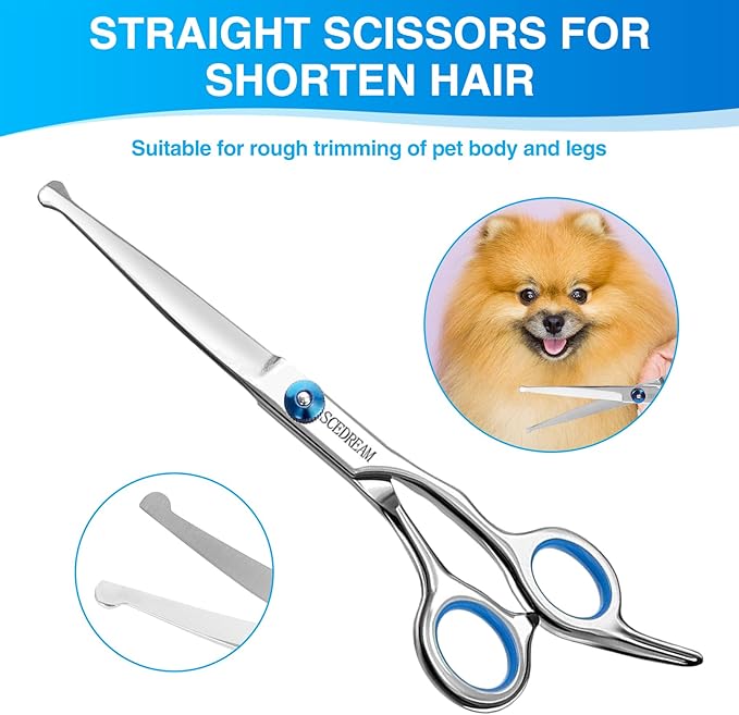 Professional Dog Grooming Scissors with Safety Round Tips, 5 in 1 Dog Grooming Scissors Kit, 4CR Stainless Steel Professional Pet Grooming Shears for Dogs/Cats, Sharp and Durable, Blue