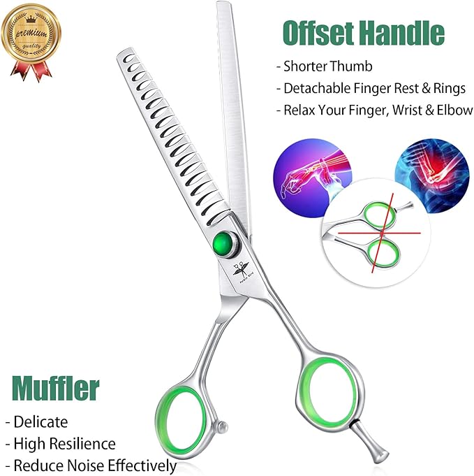 PURPLEBIRD 7 Inch Straight Dog Grooming Scissors Professional Pet Chunker Shears Safety Noiseless Blunt Tip Trimming Shearing for Dogs Cats Japanese Stainless Steel Silver