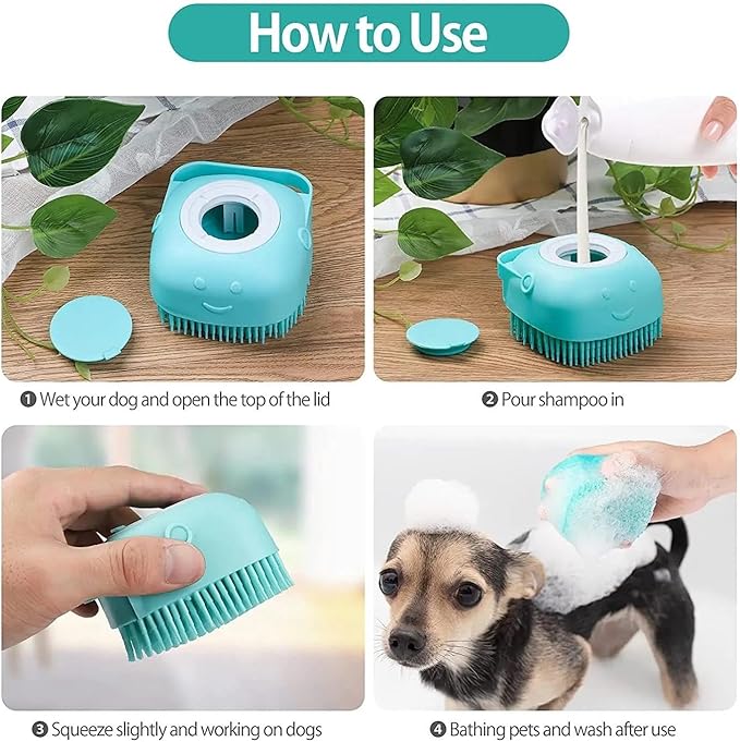 Dog Bath Brush - Pet Grooming Brush with Soap Dispenser - Soft Silicone Dog Shampoo Brush Scrubber - Short Long Haired Dogs and Cats Washing - 2 Count