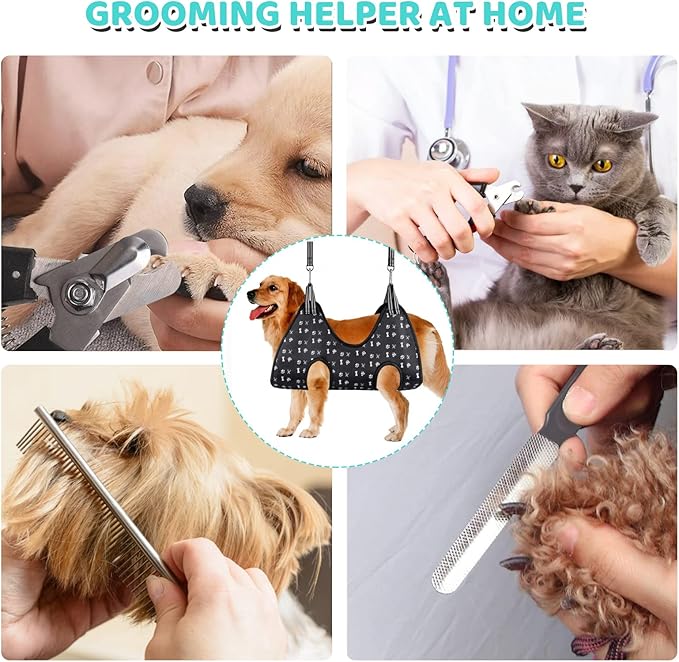 Pet Grooming Hammock Harness with Nail Clippers/Trimmer, Nail File, Comb, Cute Printed Breathable Cats & Dogs Hammock Sling for Grooming (XL, Black)