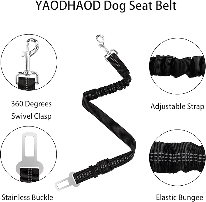 YAODHAOD Dog Seat Belt for Car with Elastic Bungee Buffer, Adjustable Pets Dog Car Harness, Heavy Duty Nylon Seatbelts Safety Tether,Universal Fit Cars Truck SUV Travel Accessories (2PCS) (Black)