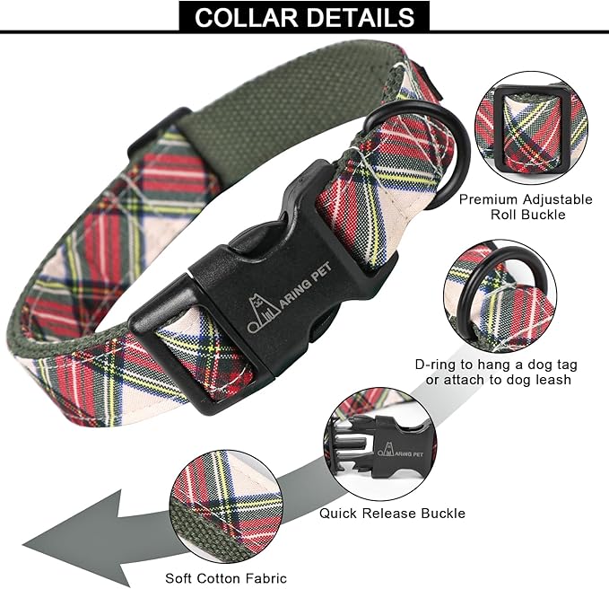 ARING PET Christmas Dog Collar Cute Plaid Dog Collar, Cotton Lightweight Christmas Small Dog Collars Puppy Collar for Small Medium Large Dogs