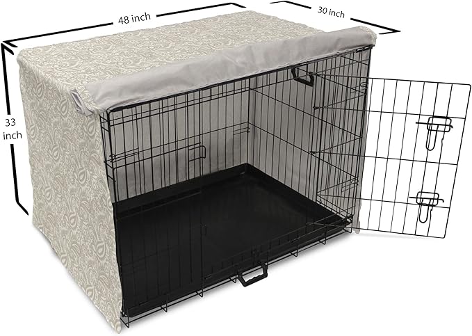 Lunarable Traditional Dog Crate Cover, Orient Paisleys Swirled Leaves Oriental Culture Inspirations Print, Easy to Use Pet Kennel Cover for Medium Large Dogs, 48 Inch, Warm Taupe and White