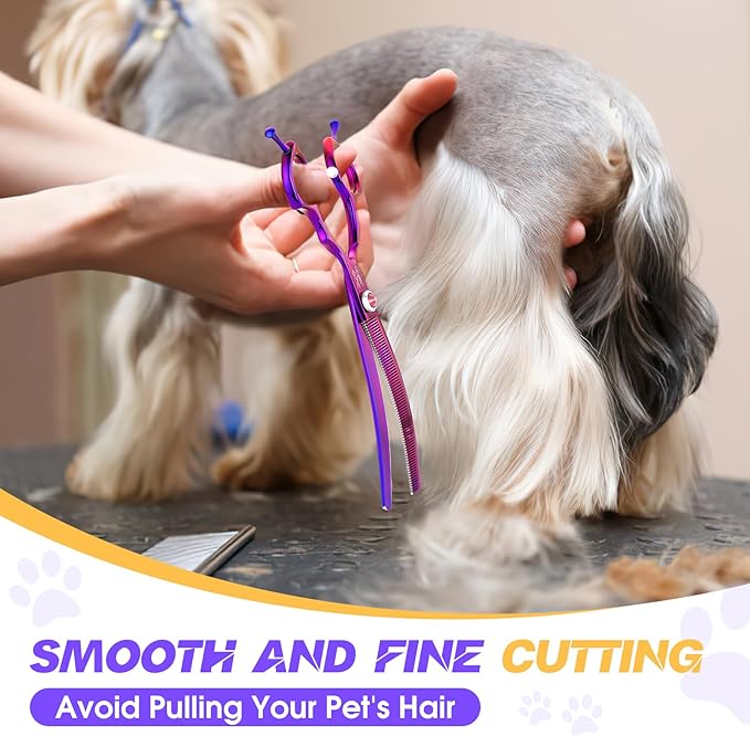 JASON 7.5" Dog Grooming Scissors - Professional Curved Thinning Shears for Grooming, Japanese 440C Stainless Steel Blender Shears with Diamond Adjustable Screw (65 Teeth, Purple)