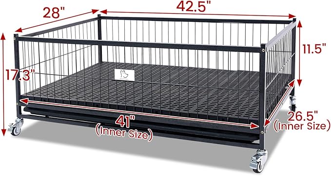 Homey Pet 43" Dog Whelping Box for Puppies, Heavy Duty Metal Whelping Box for Small Breed Dogs with Washable Plastic Floor, Removable Tray and Four Lockable Wheels