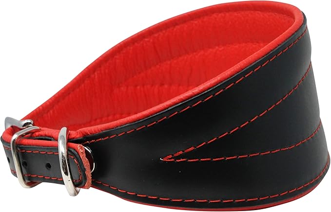 Real Leather Extra Wide Padded Tapered Dog Collar Glossy Black Greyhound Saluki Deerhound Lurcher Whippet Dachshund (16.25"-18.75" Neck; 3" Wide, Red)