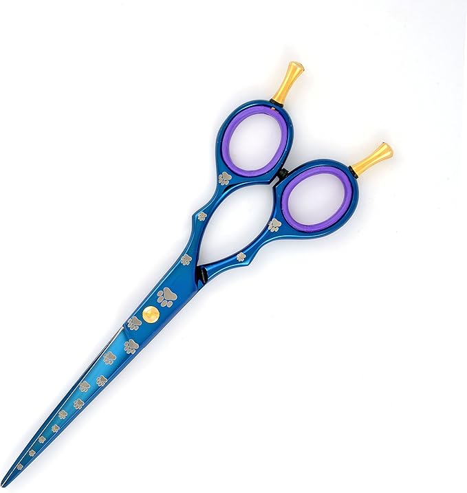 7.5" Professional Pet Grooming Scissors Double Finger Rest, Blue Titanium Coating, Dog Paws Laser Engraved.
