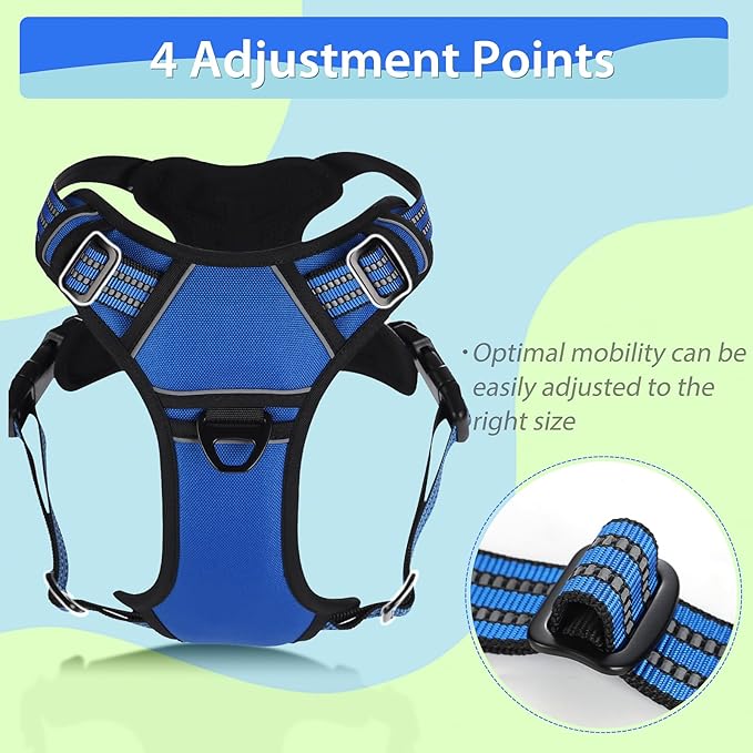Dog Harness,No Pull Pet Harness Adjustable Reflective Pet Harness Easy Control Handle for Small to Large Dogs Soft Padded Puppy Vest (Blue, Large)