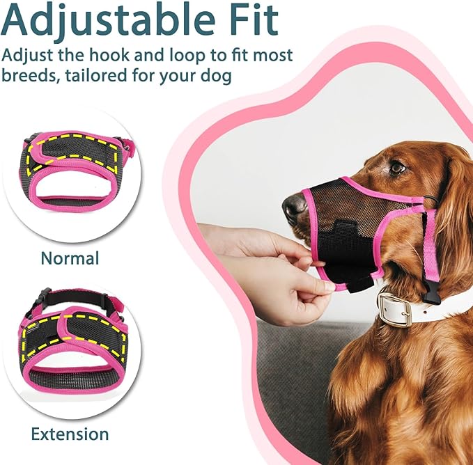 LUCKYPAW Dog Muzzle, Mesh Dog Muzzle for Large Medium Small Dogs, Soft Muzzles for Biting Chewing Fierce Barking, Breathable Muzzle with Adjustable Strap for Training (Hot Pink, XS(Snout:6.5"-7.5"))