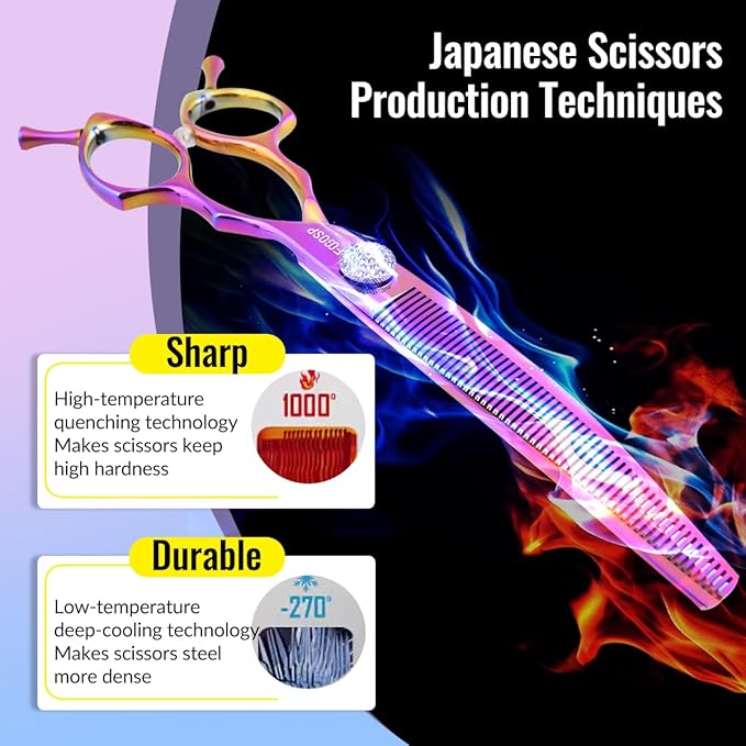 Professional Curved Thinning Shears Dog Grooming Scissors 7.5'' Rainbow Curved Thinner Scissors for Grooming Large Dogs Pet 56 Teeth Japan 440C(Curved Thinner,Rose Red)